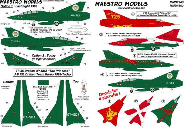 Danish SAAB 35 Draken, four colourful a/c incl. one two-seater. HUGE SHEET!